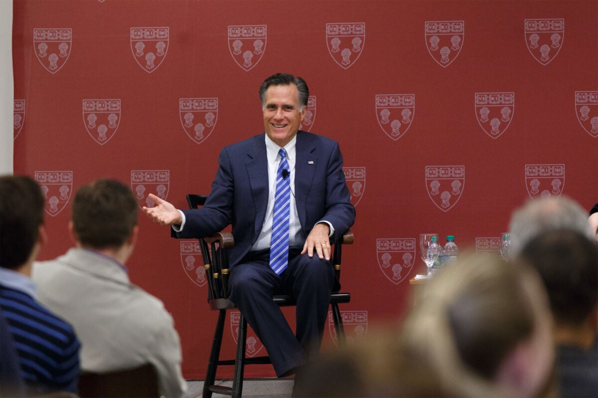 Mitt Romney at Harvard Law School in 2015.