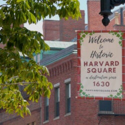 Sign welcomes visitors to Harvard Square.