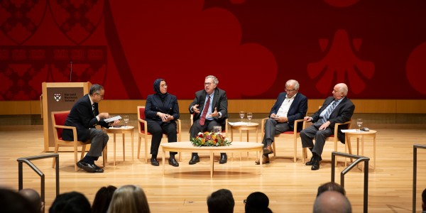 TPanelists Tarek Masoud (from left), Amaney Jamal, David Makovsky, Khalil Shikaki, and Shai Feldman at Klarman Hall.