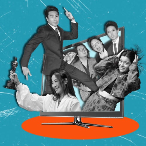 Photo illustration of cast from “Everything Everywhere All at Once,” "Crazy Rich Asians" and "Ms. Marvel" popping out of a TV screen.