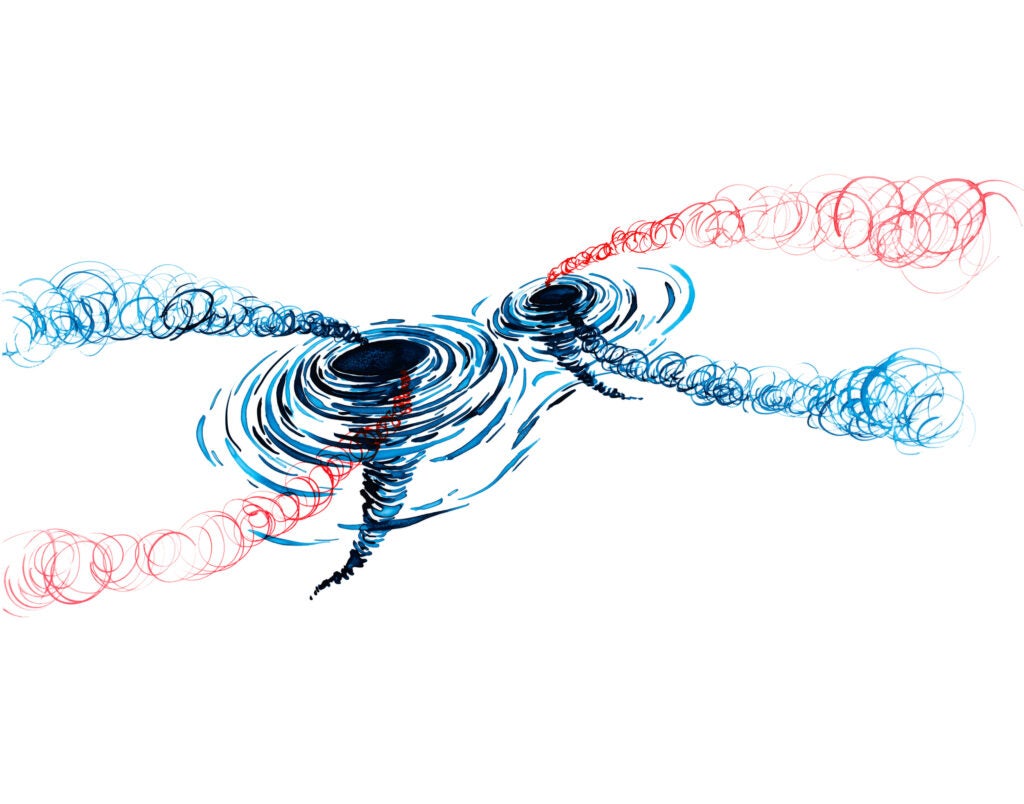 Blue and red painting of black holes colliding and morphing into gravitational waves.