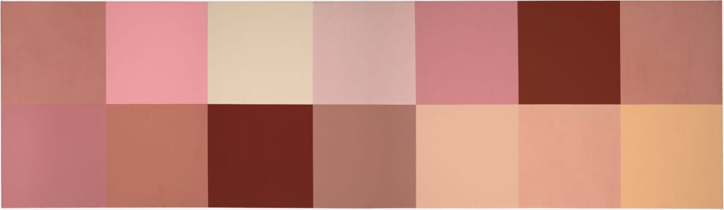 Painting resembles pantone swatch of colors in pinkish and beige palette.