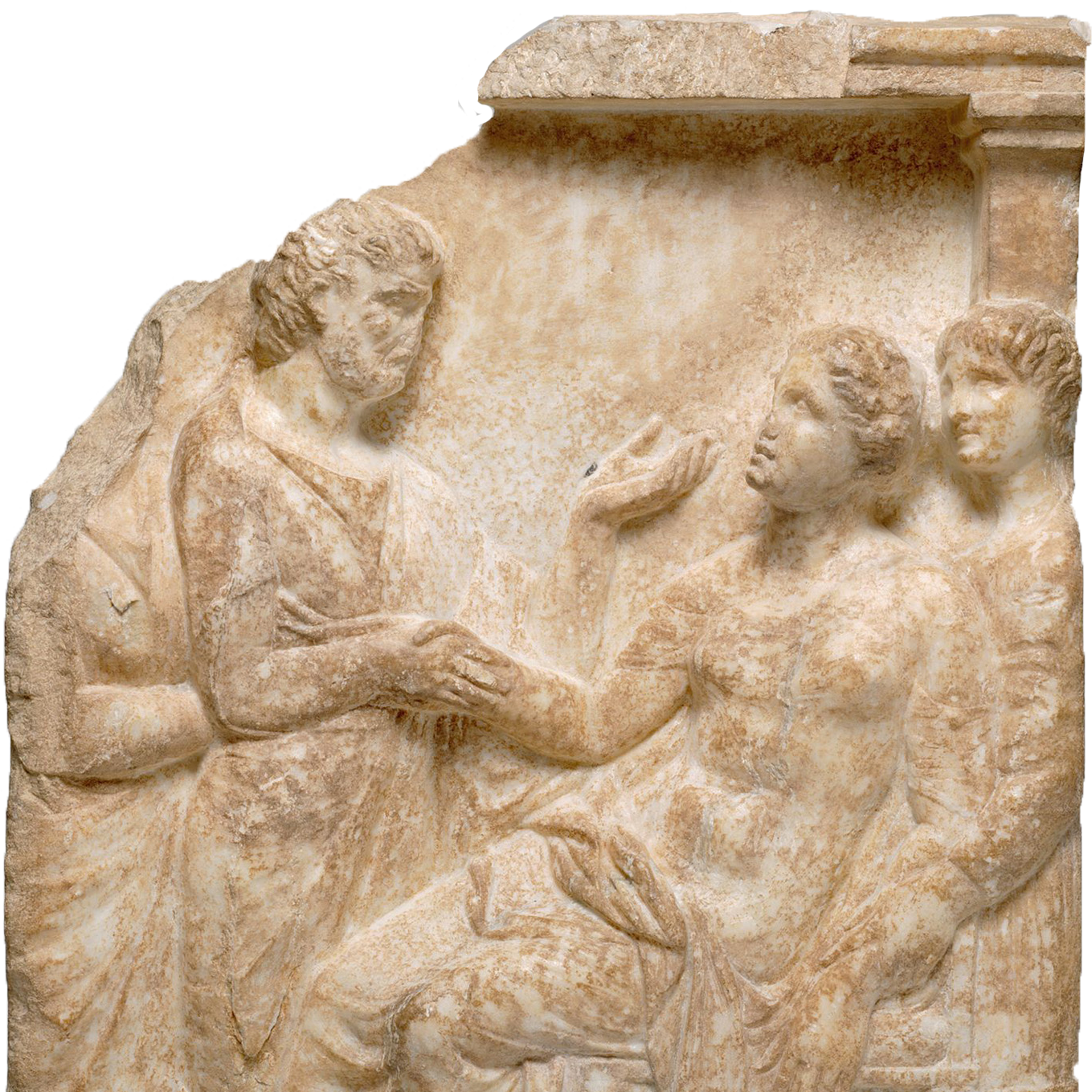 Marble sculpture depicts woman giving birth comforted by people around her.