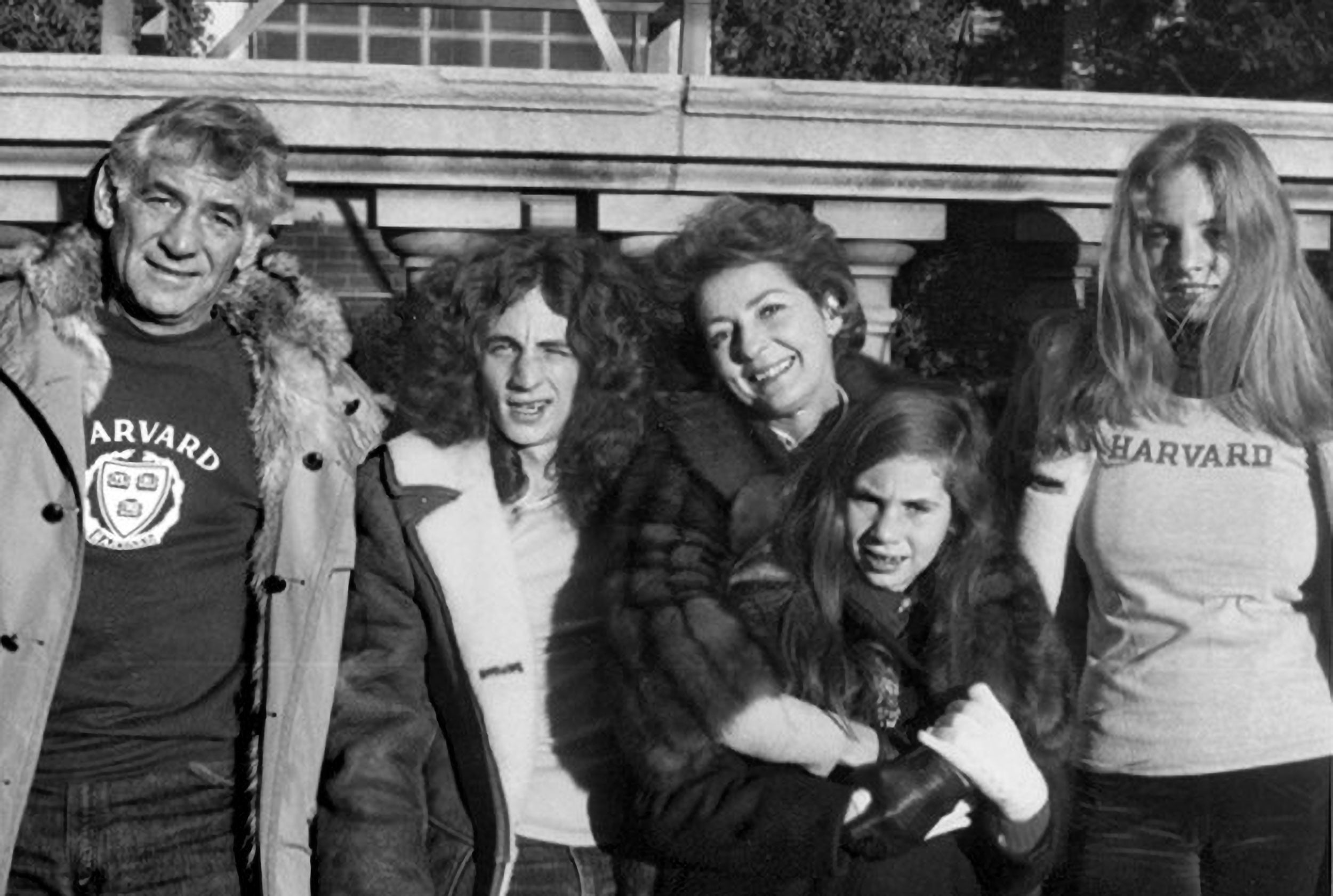 Black and white photo of Bernstein family visiting Harvard.