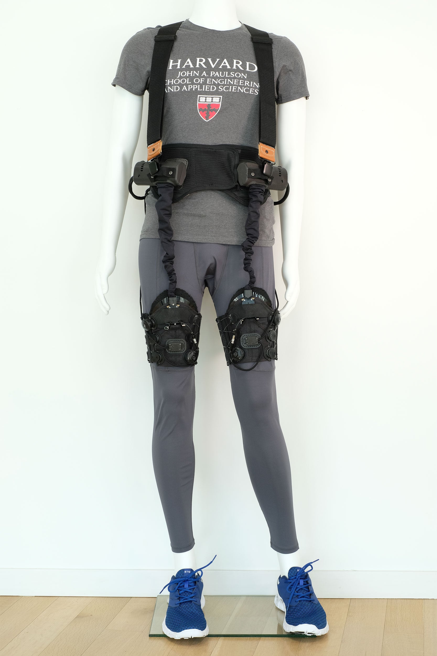 Soft robotic exosuit worn around the hips and thighs.