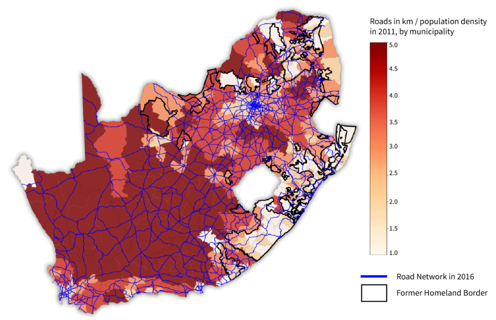 Map of South Africa highlights roads over population density in quintiles: highest in red, lowest in white. 