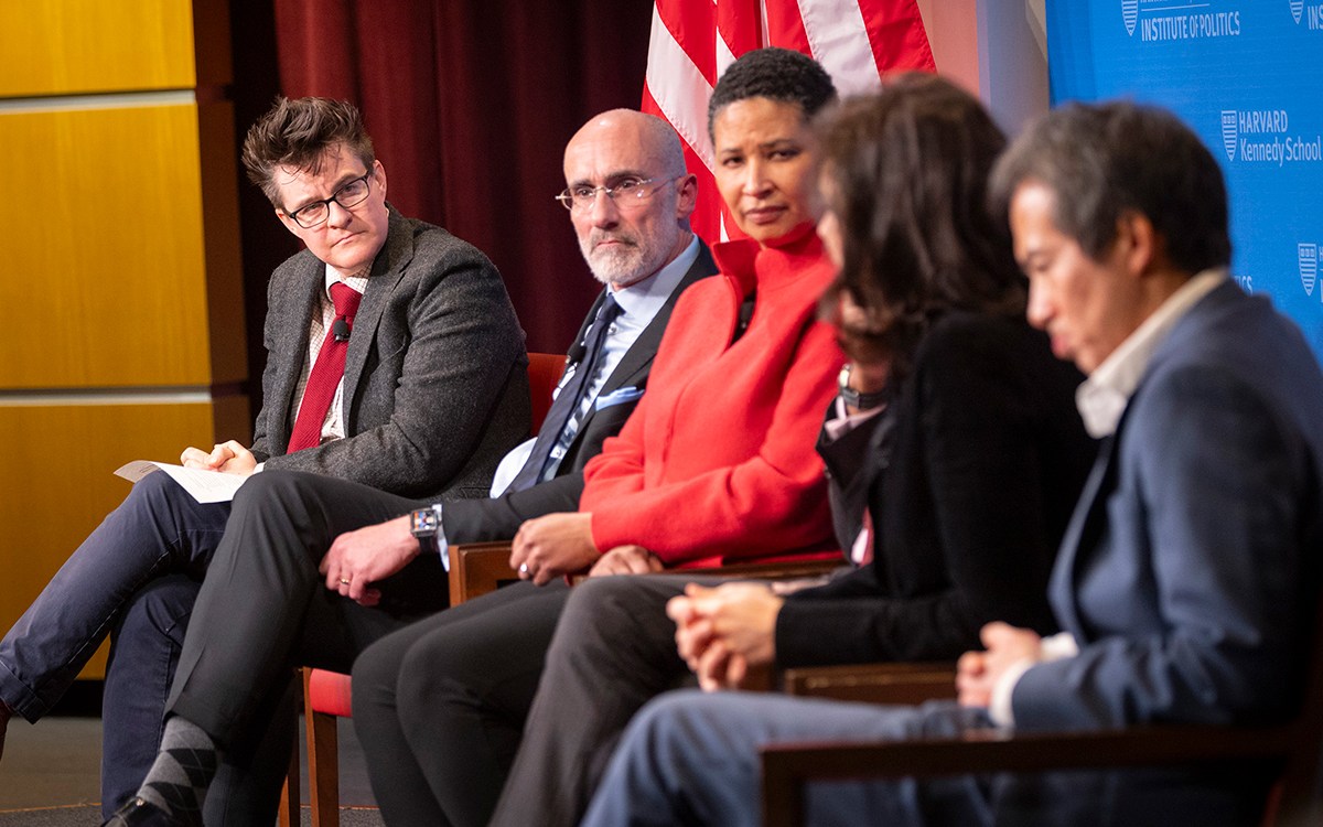 Panelists Erica Chenoweth, Arthur Brooks, Danielle Allen, Eliana La Ferrara, and Archon Fung.