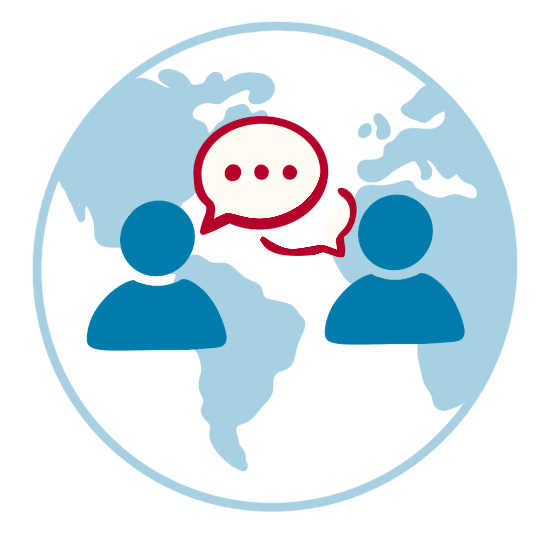 Icon of two people talking with large speech bubbles and a globe background.