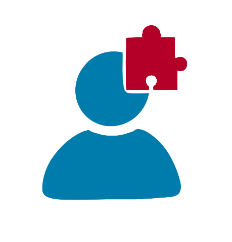 Icon of a person with a puzzle piece as part of their head.