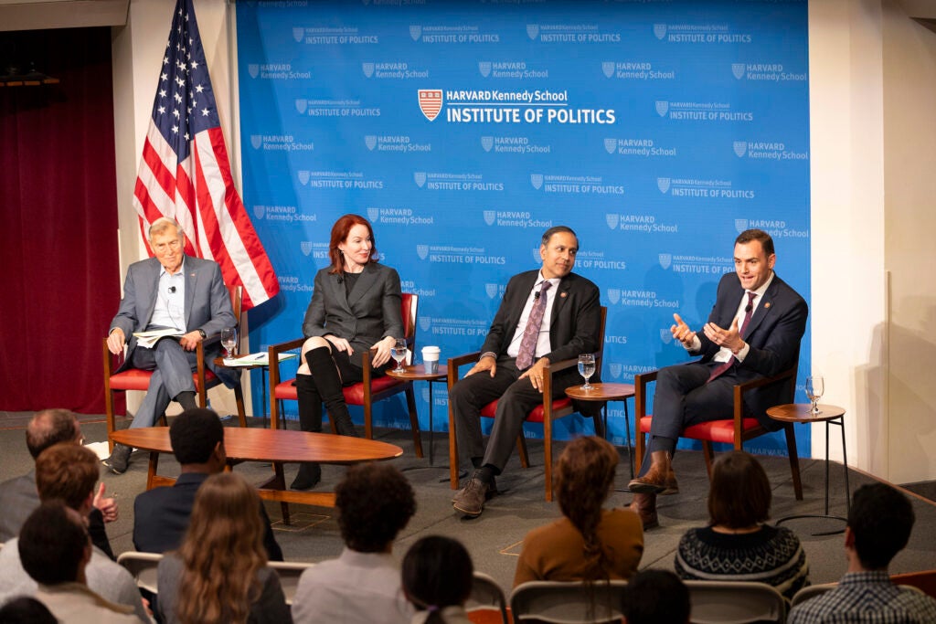 Graham Allison (from left), Meghan O’Sullivan, Rep. Raja Krishnamoorthi, and Rep. Mike Gallagher at the Kennedy School.