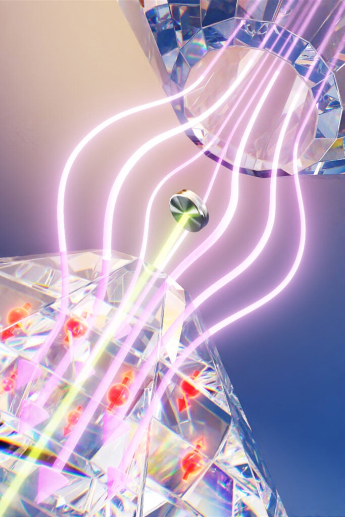 An artist’s rendering of nitrogen vacancy centers in a diamond anvil cell, which can detect the expulsion of magnetic fields by a high-pressure superconductor.