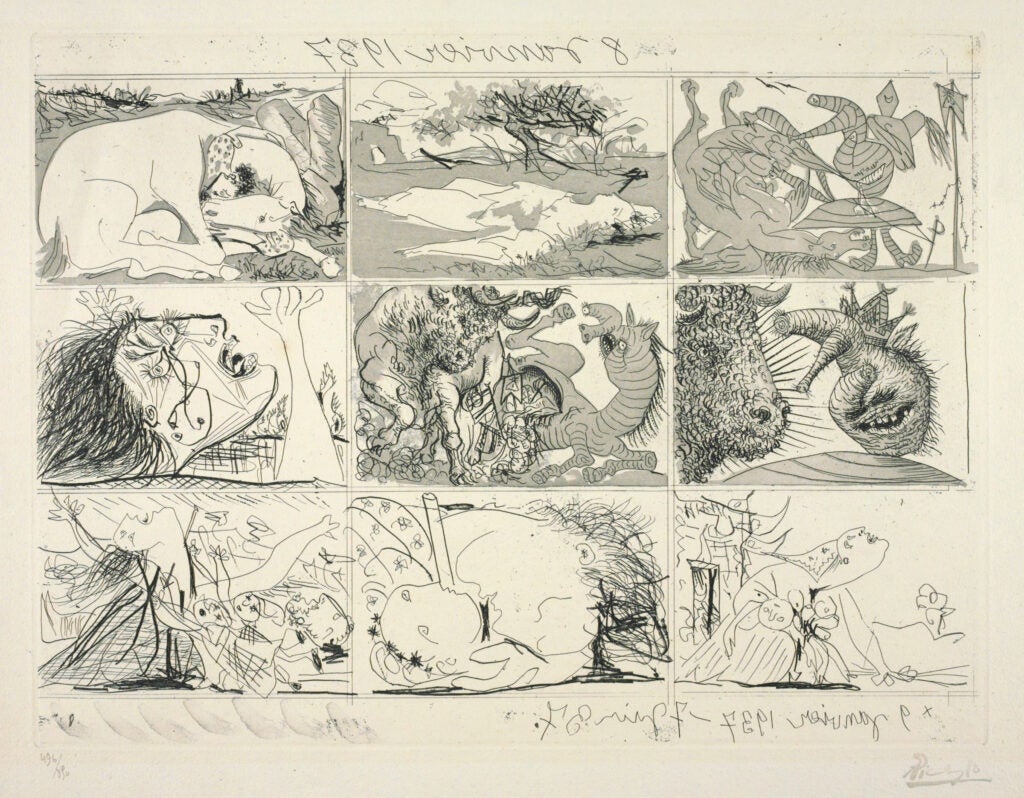 9 panels of artwork in continuation of depicting the terror of war. 
