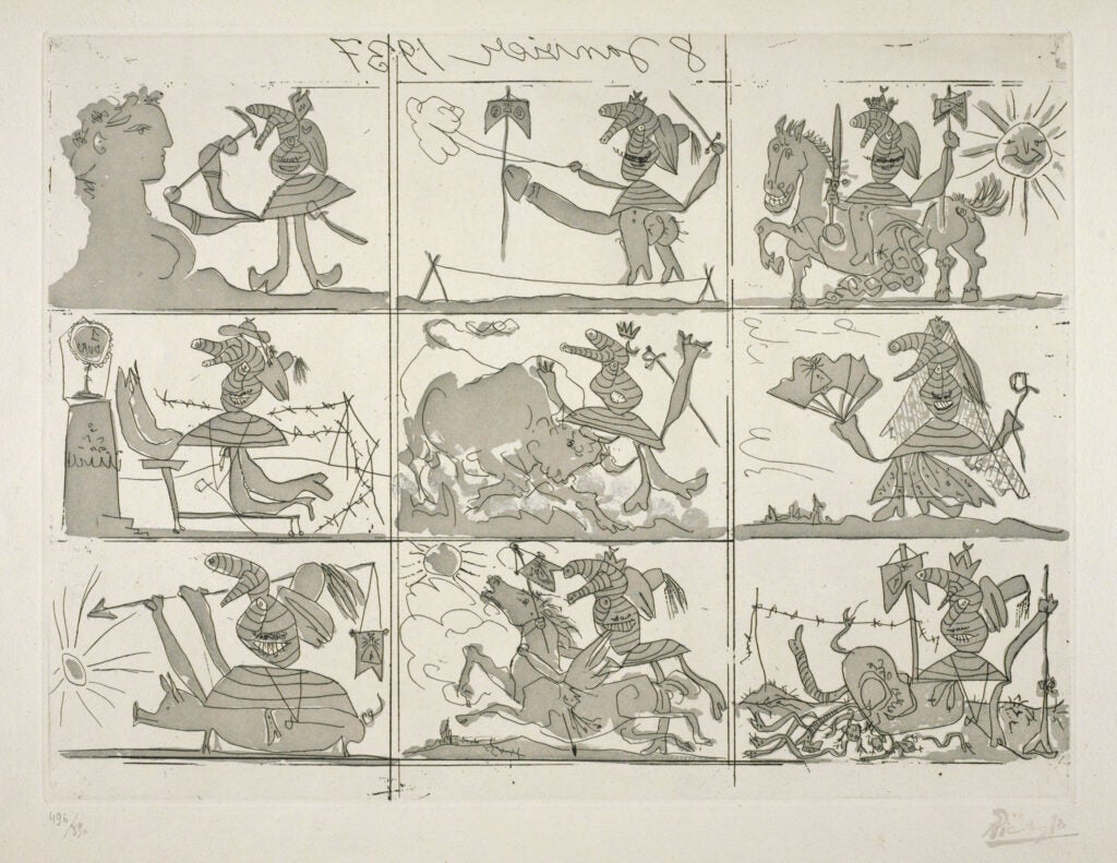 Nine panels of artwork depicting the terror of war.