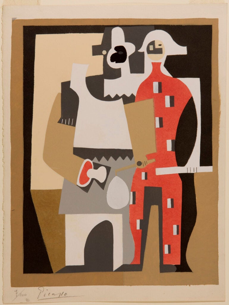 Cubism style artwork of two figures standing together with arms wrapped around each other. 