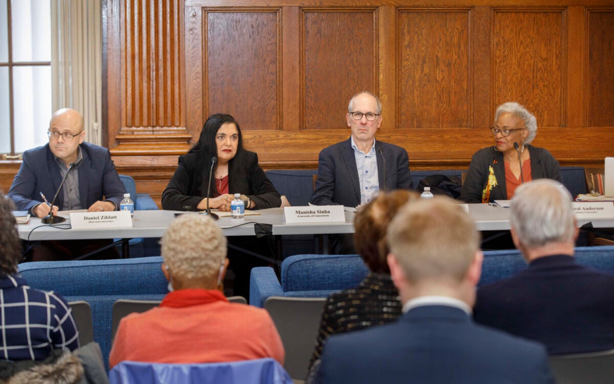 Panelists Daniel Ziblatt, (from left) Harvard, Manisha Sinha, Univ. of Connecticut, Gary Gerstle, Univ. of Cambridge, Carol Anderson, Emory.