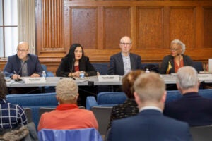 Panelists Daniel Ziblatt, (from left) Harvard, Manisha Sinha, Univ. of Connecticut, Gary Gerstle, Univ. of Cambridge, Carol Anderson, Emory.