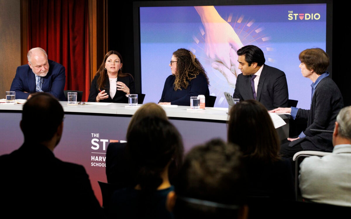 Andrew Scott (from left), Marisol Amaya, Caitlin Coyle, and Ashwin Vasan discuss the topic with moderator Kay Lazar in The Studio.