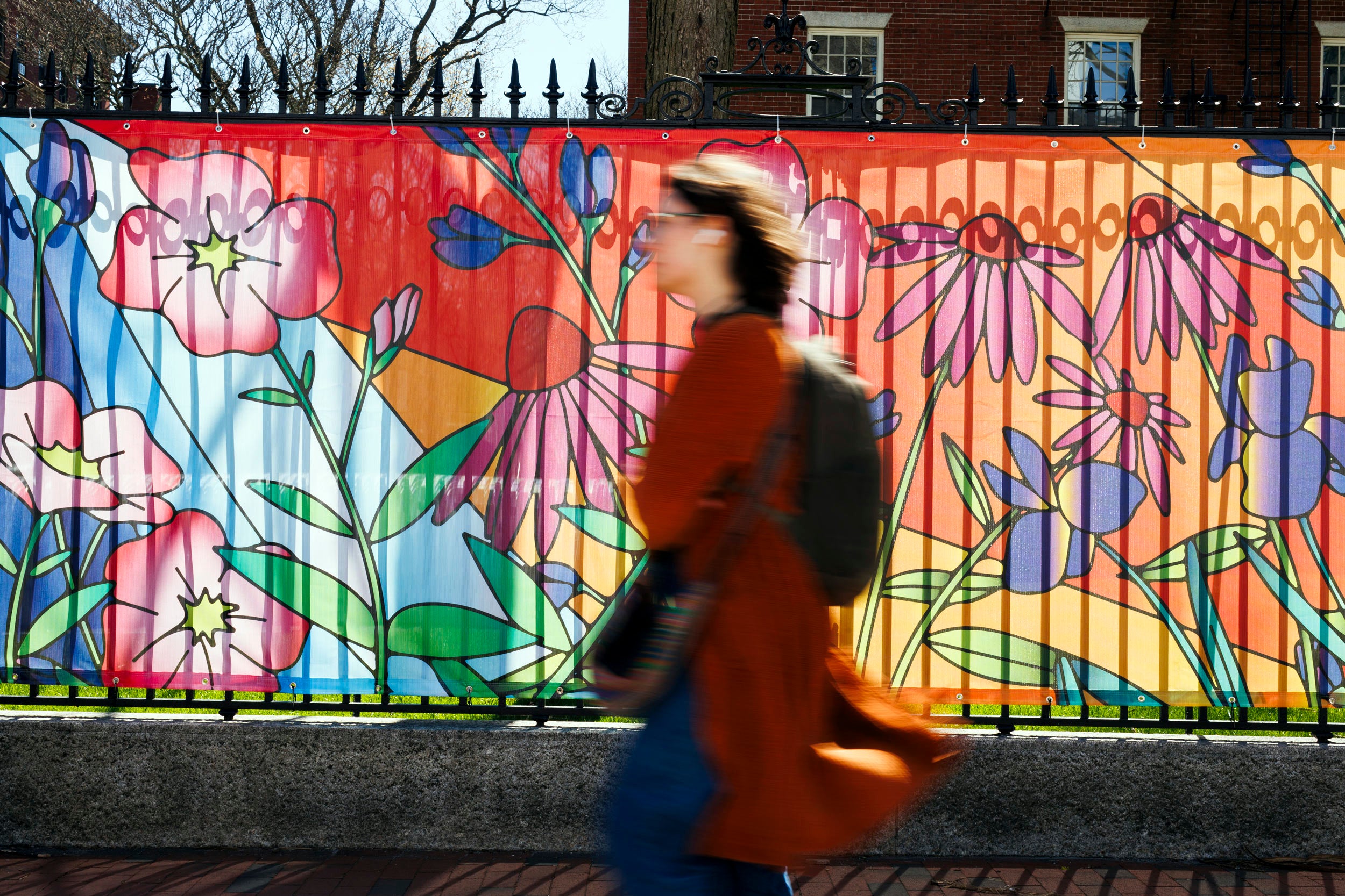 A detail image of a public art installation called “In Bloom” by Abby Weber ’26 is pictured in Harvard Yard.