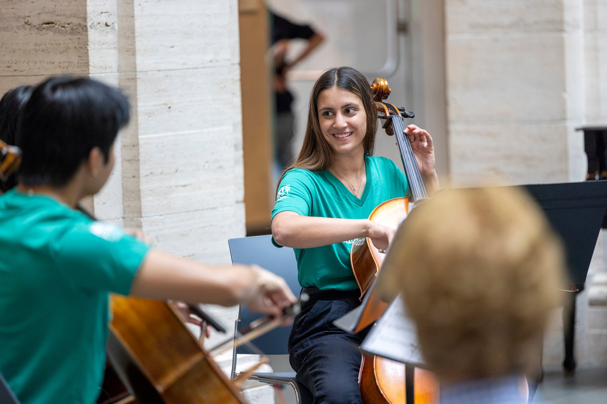 The Crimson Cellos perform a Disney medley in the Harvard Art Museums’ Calderwood Courtyard.