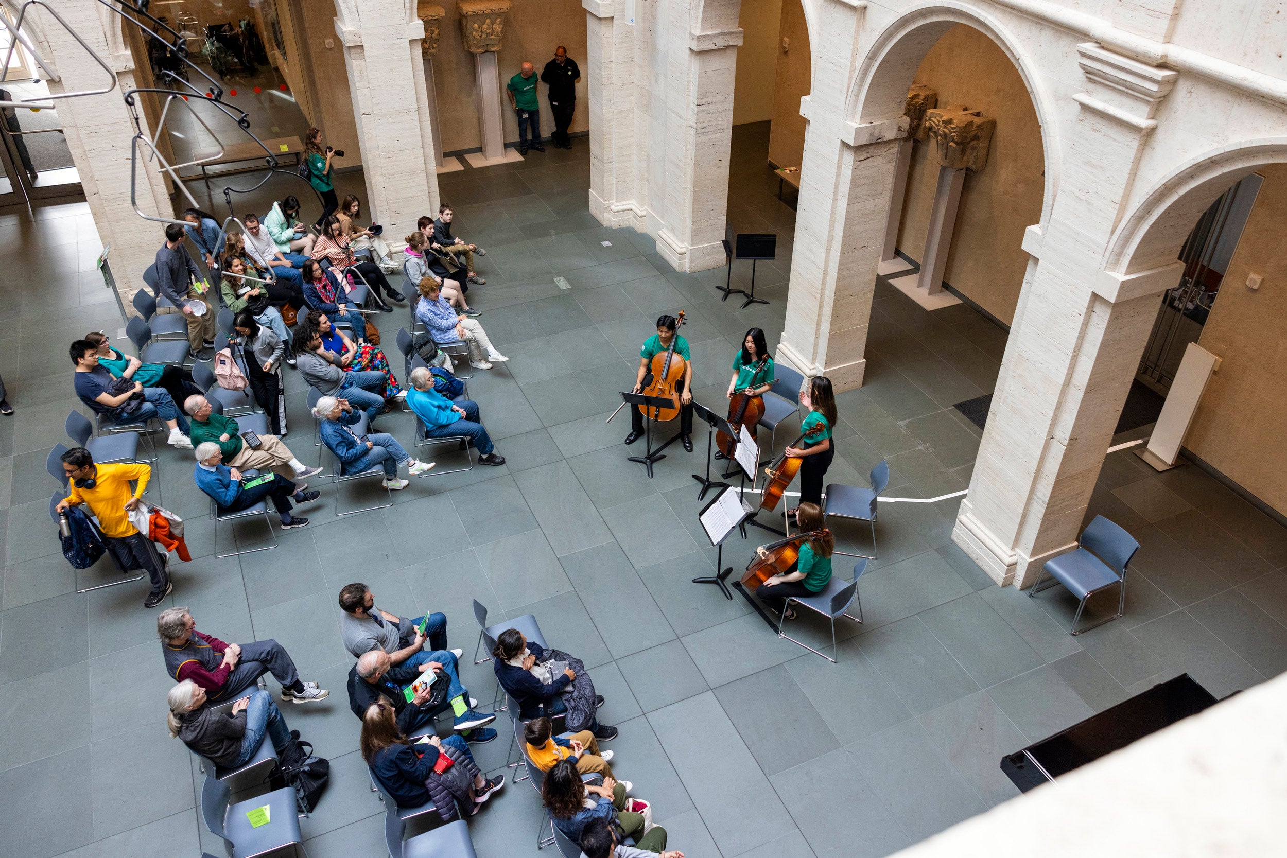 The Crimson Cellos perform a Disney medley in the Harvard Art Museums’ Calderwood Courtyard.