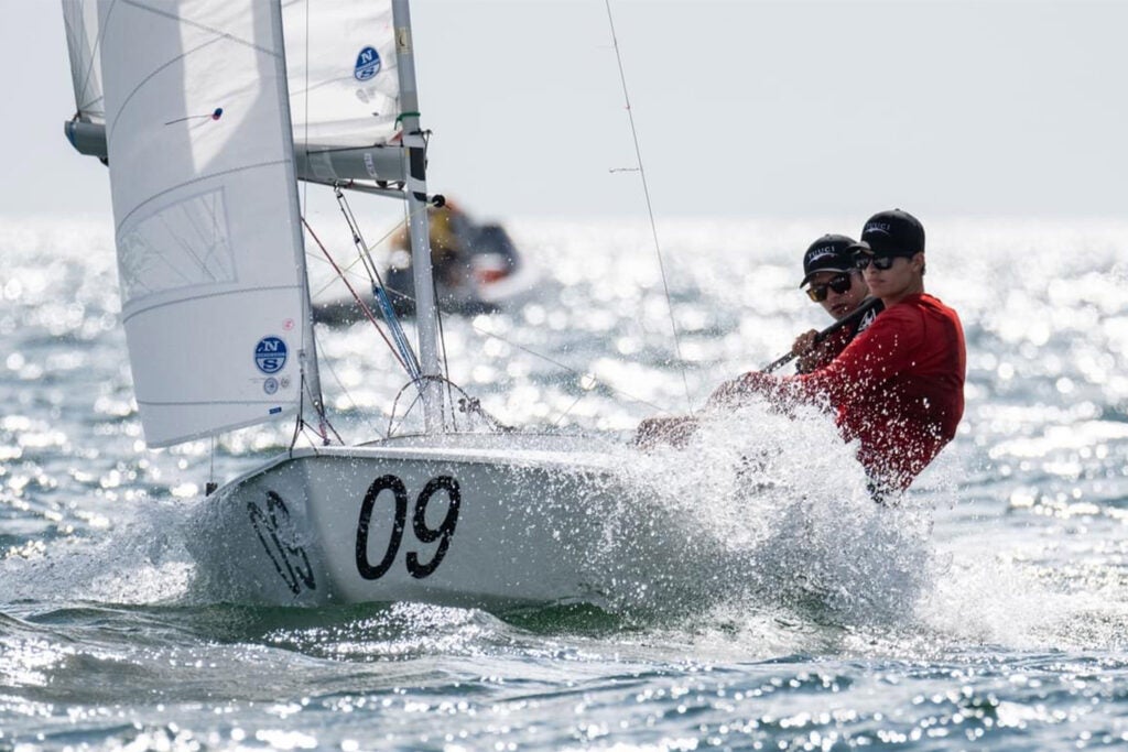Twins sailing in the 2024 Snipe Junior World Championship, Miami.