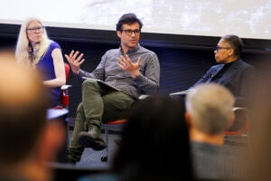 Panelists Melissa Dell, Alex Csiszar, and Latanya Sweeney at a Harvard symposium on artificial intelligence.