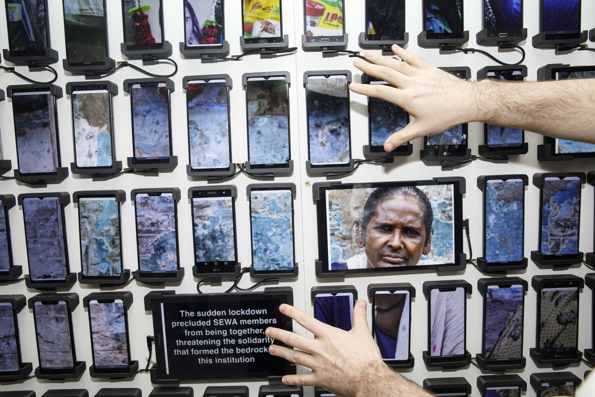 A wall of smartphones on which stories were collected and often filmed.