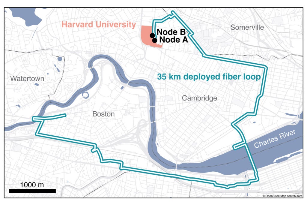 Map showing path of two-node quantum network through Boston and Cambridge. 