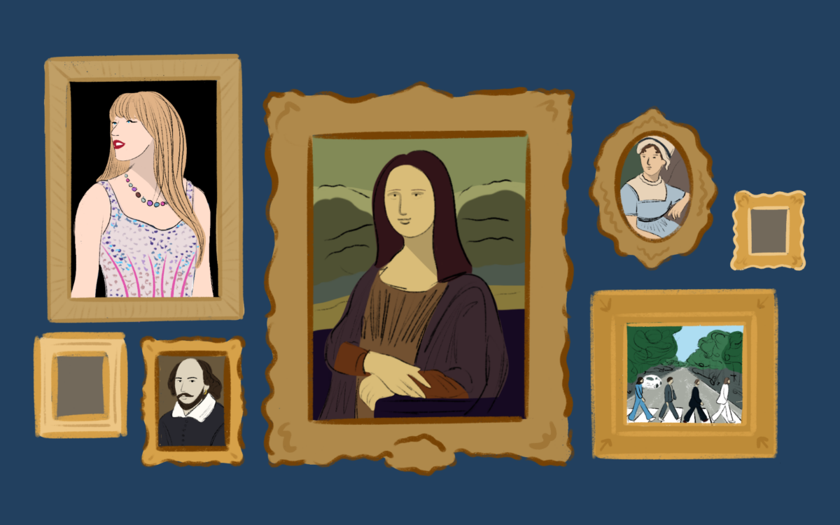Gallery wall of Taylor Swift, William Shakespeare, Mona Lisa, Jane Austen, and the Beatles.