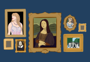 Gallery wall of Taylor Swift, William Shakespeare, Mona Lisa, Jane Austen, and the Beatles.