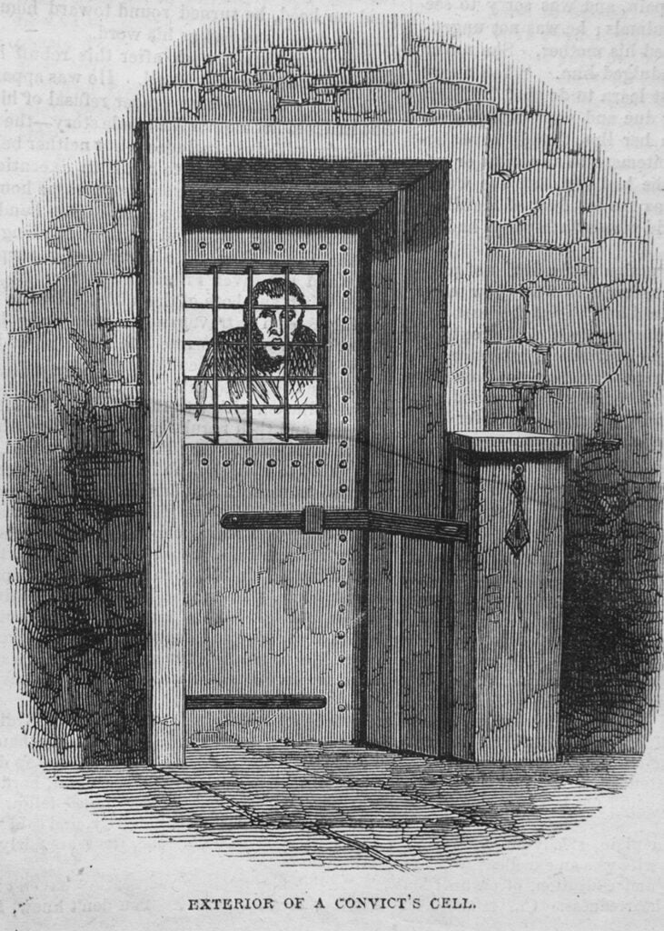 Illustration of exterior of a convict’s cell at Auburn State Prison. 