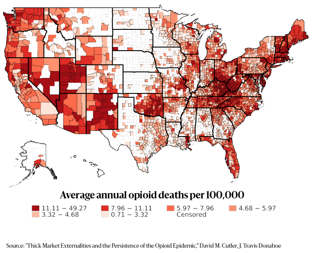 Map of average annual opioid deaths per 100,000, 1990 to 2018. The highest rates of opioid deaths are in the following states; Washington, California, Nevada, Utah, Arizona, New Mexico Oklahoma, Kentucky, Tennessee, West Virginia, North Carolina, Pennsylvania, Rhode Island, Maryland, Massachusetts, Vermont, New Hampshire, and Maine. 