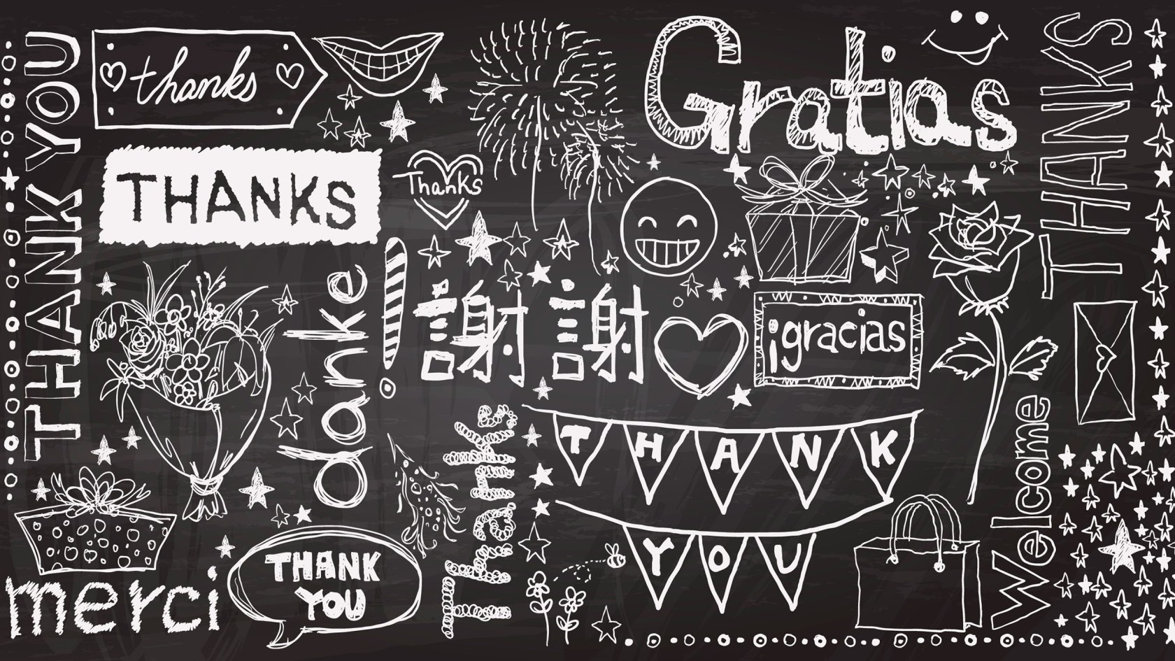 Thank you written in various languages on a chalkboard.