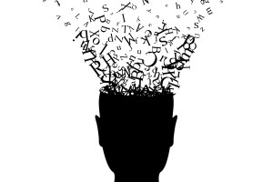 Illustration of man with letters flowing into his brain.