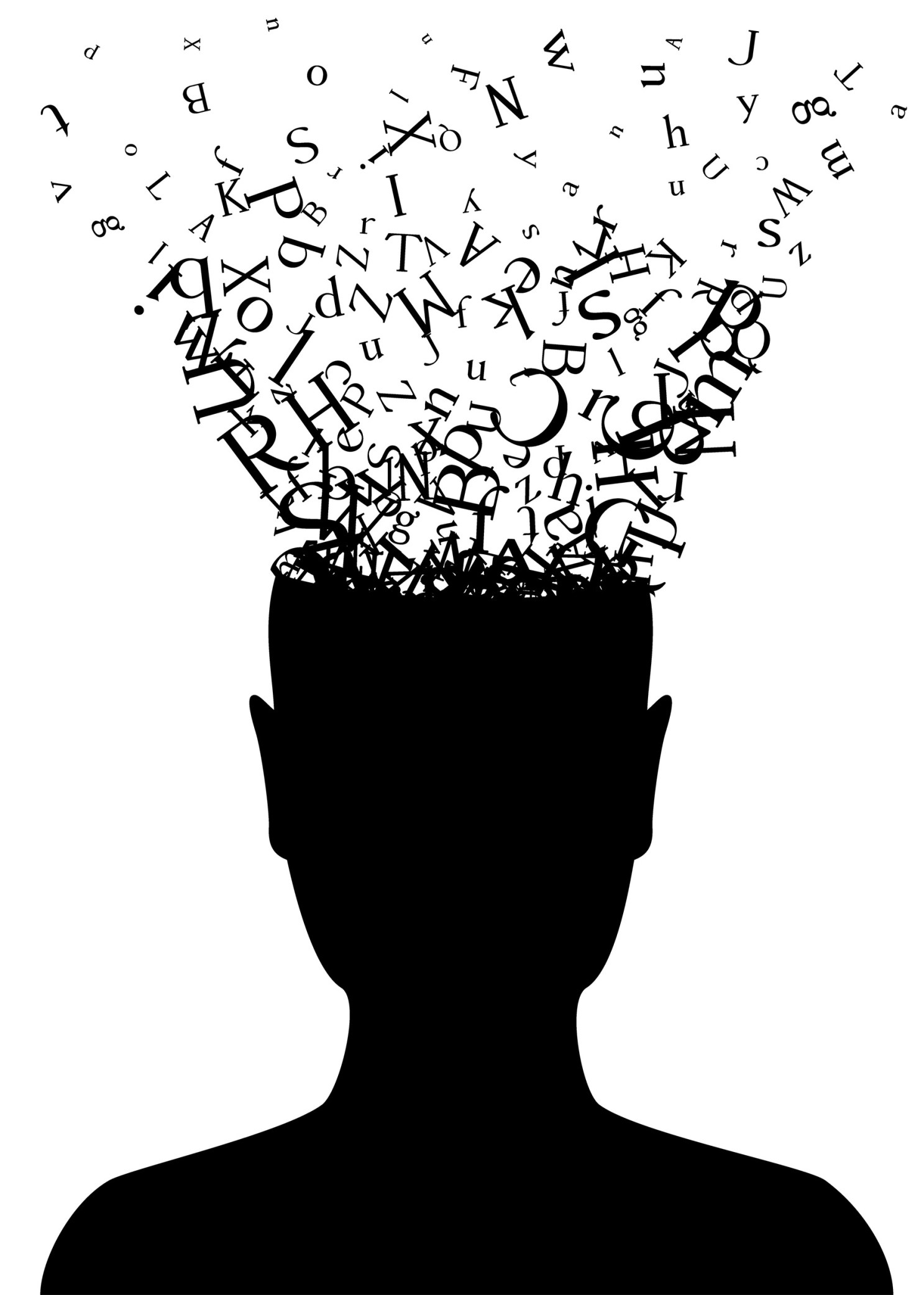 Illustration of man with letters flowing into his brain.