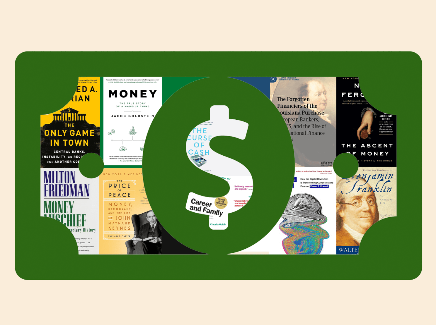 Collage of book covers about money.