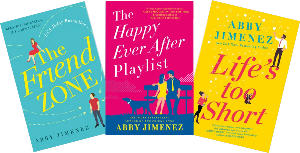 Book covers: “The Friend Zone,” “The Happy Ever After Playlist,” and “Life’s Too Short.” 