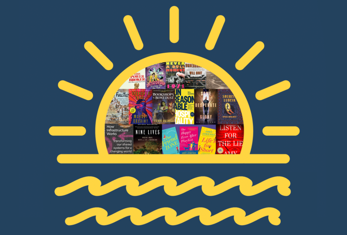 Collage of book covers and sunny beach.