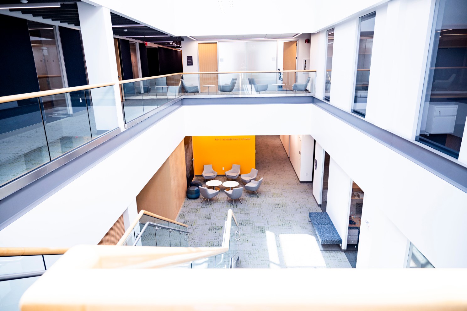 Sunny interior of the David E. and Stacey L. Goel Quantum Science and Engineering Building.