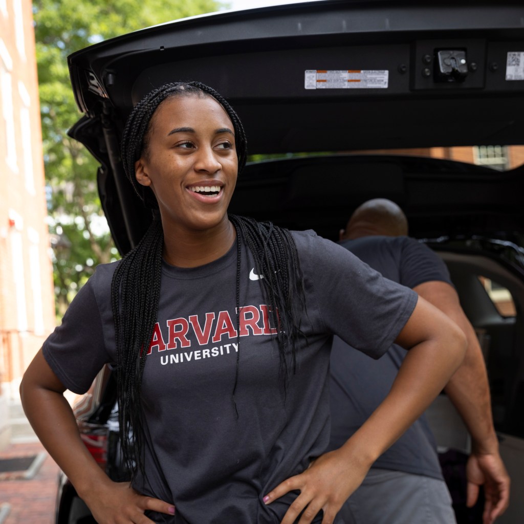 Madison Duckett ’28 (pictured) gets help from her family as she moves into Stoughton Hall.
