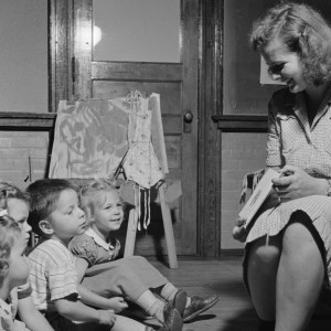 Story hour at a 1940s childcare center in Connecticut.