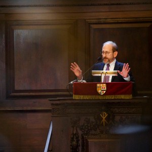 Harvard President Alan Garber in Appleton Chapel.