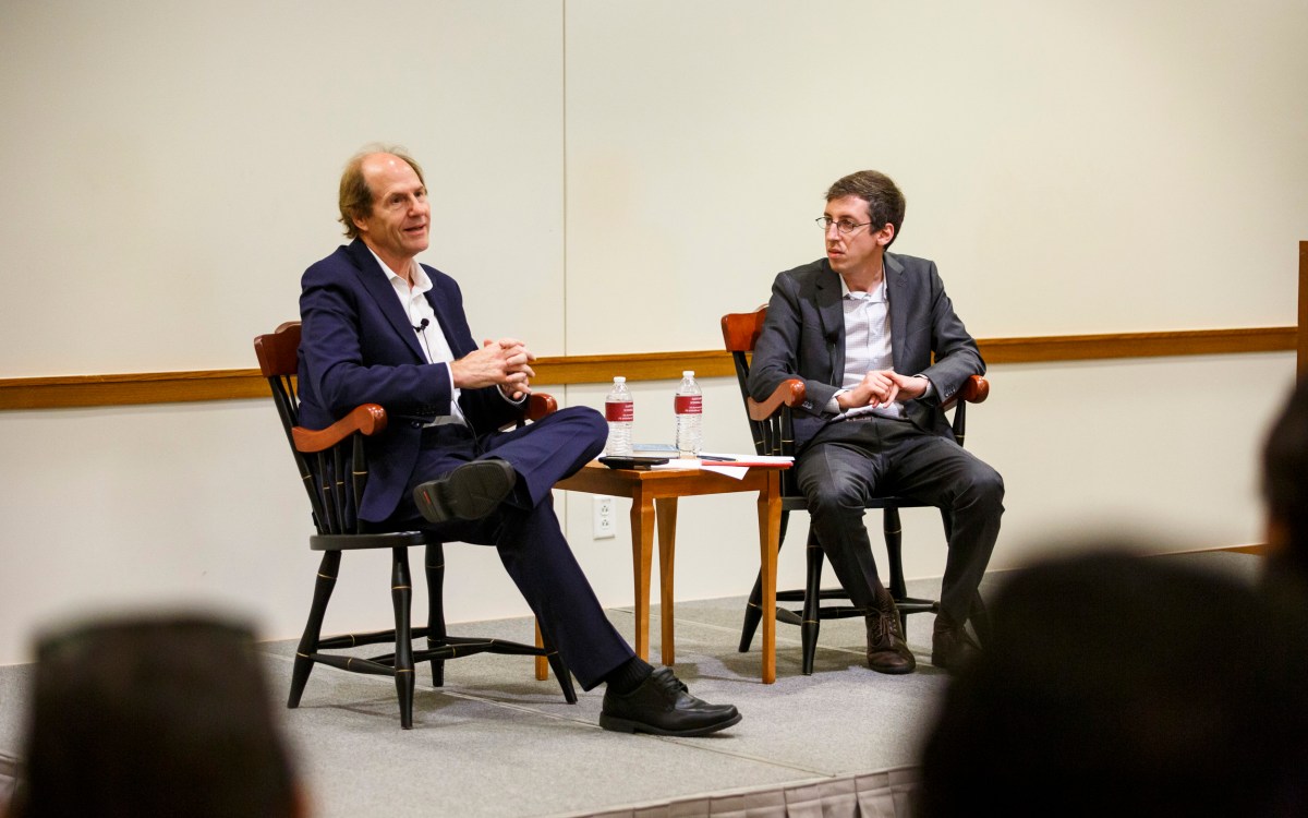 Cass R. Sunstein (left) speaks with Benjamin Eidelson, Professor of Law, on his new book "Campus Free Speech."