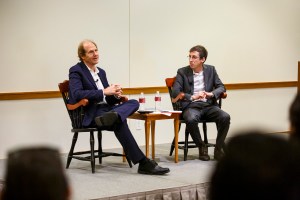 Cass R. Sunstein (left) speaks with Benjamin Eidelson, Professor of Law, on his new book "Campus Free Speech."