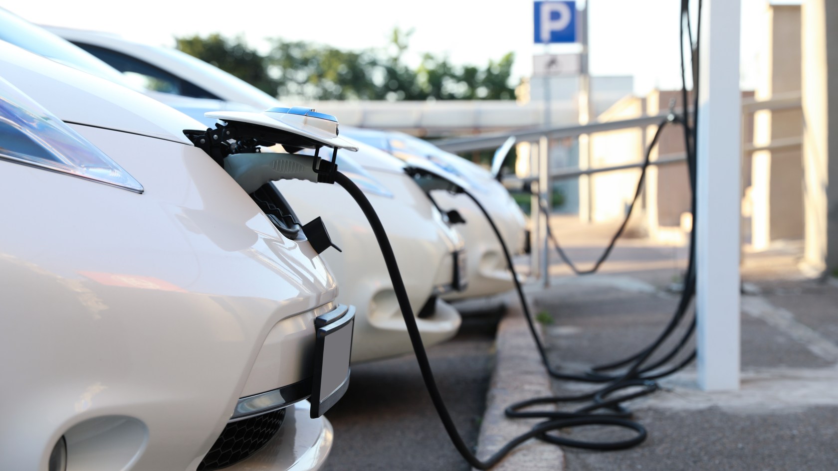 Lined up electric vehicle cars.