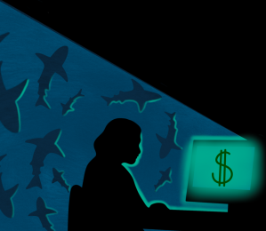 woman on computer surrounded by sharks