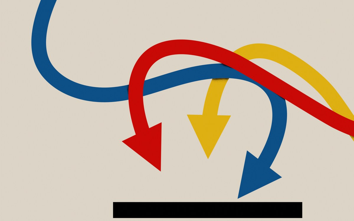 Illustration of red, blue, and yellow arrows pointing to a ballot box slot.