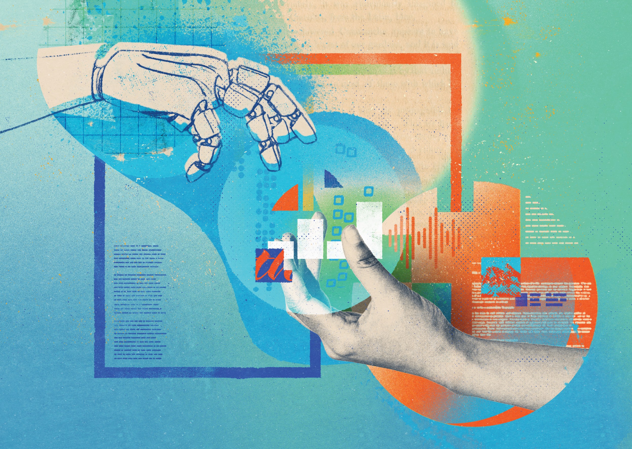 Robot hand passing information to a human hand.