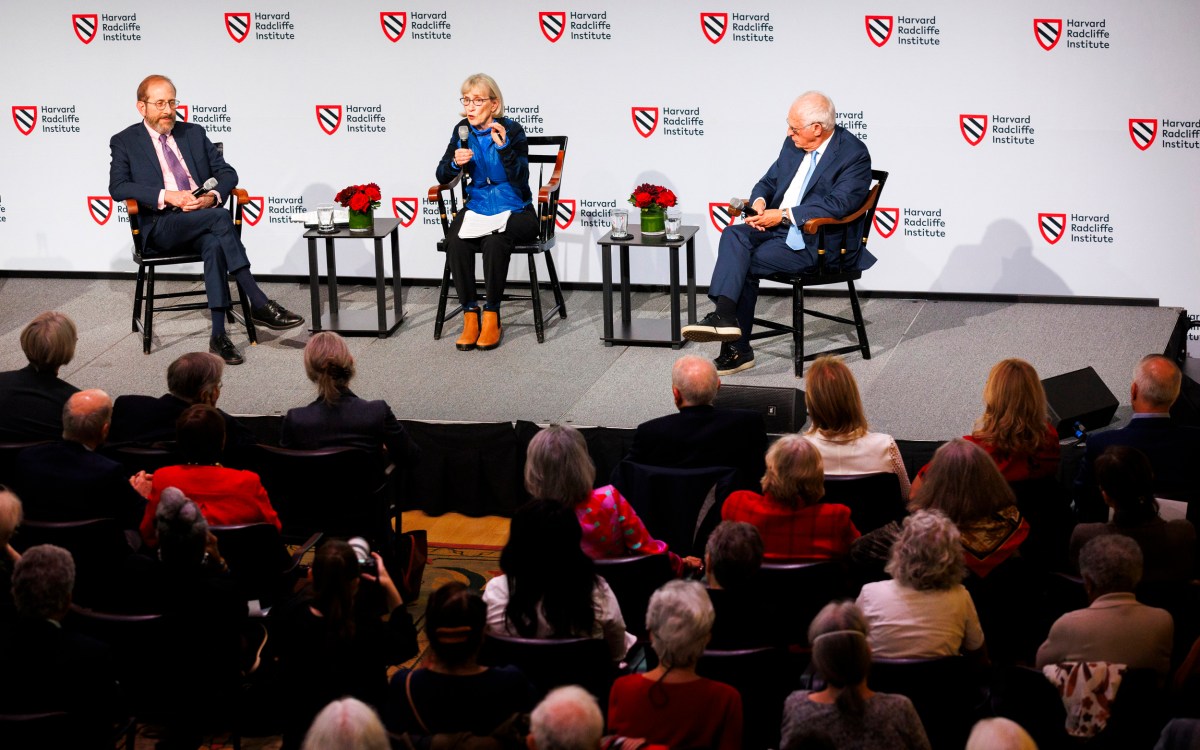 Harvard University President Alan Garber (from left) with speakers Nobel laureates in economics Claudia Goldin and Oliver Hart.