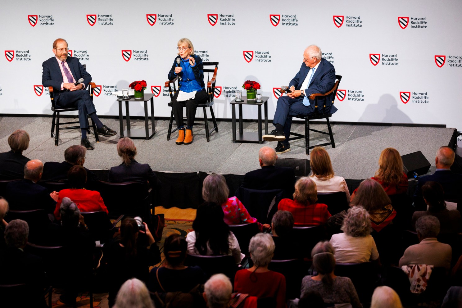 Harvard University President Alan Garber (from left) with speakers Nobel laureates in economics Claudia Goldin and Oliver Hart.